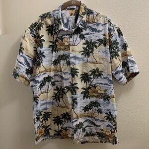 Pierre Cardin Hawaiian Button Down Shirt Size Large Palm Trees Ocean Cotton
